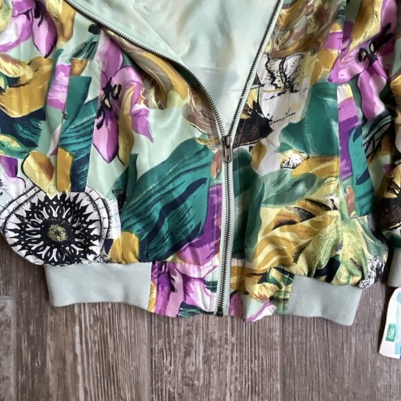 Womens Bomber Jacket Silk Floral Small Coat‎ Bright Cottage Granny Core - Picture 4 of 8